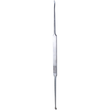 One end features a spatula style elevator while other end features curved rounded knife