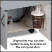 Disposable trap canister system is easy to access on cabinet swing-out door