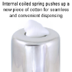Cotton dispenses from top via an internal coiled spring